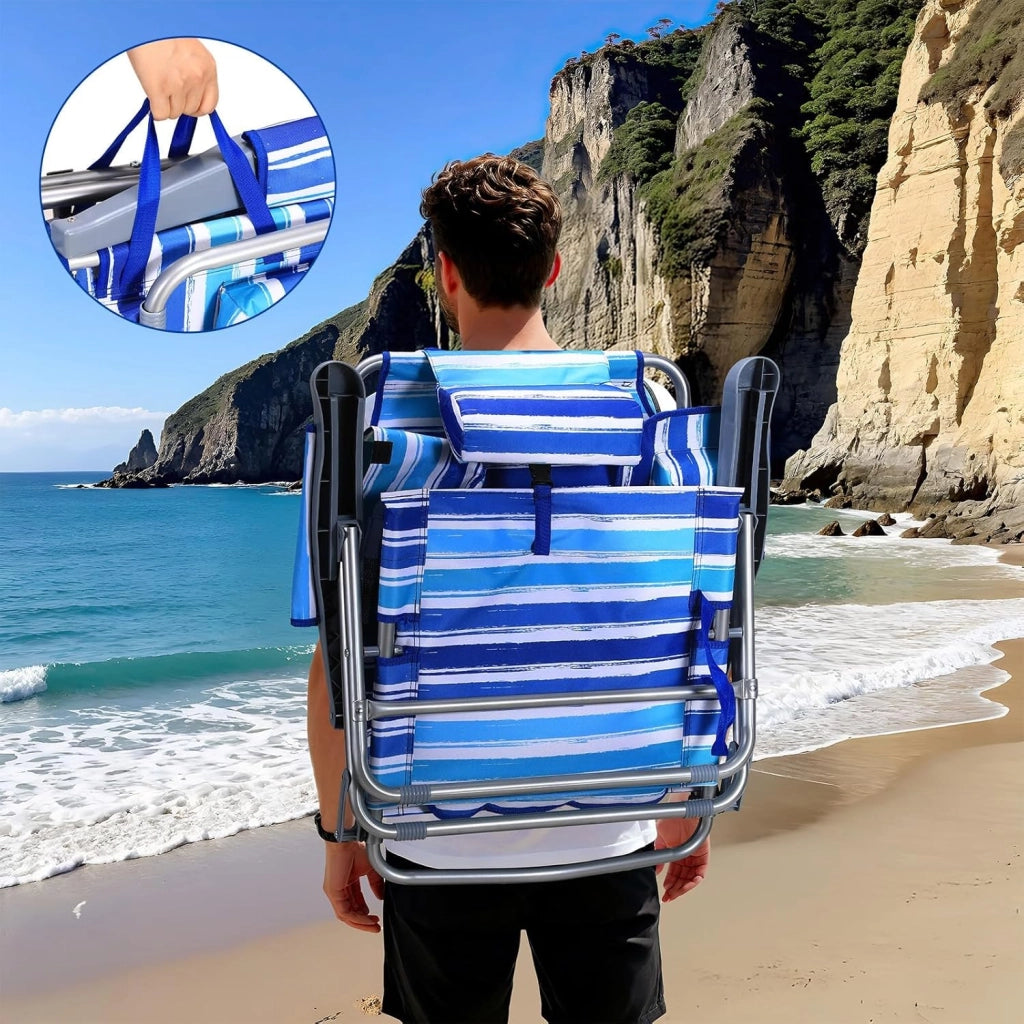 Sedia da spiaggia con funzione zaino, pieghevole con funzione di sdraio, per sabbia, schienale alto, regolabile, con bracciolo, cuscino lombare, poggiatesta tasche laterali, sedia da campeggio