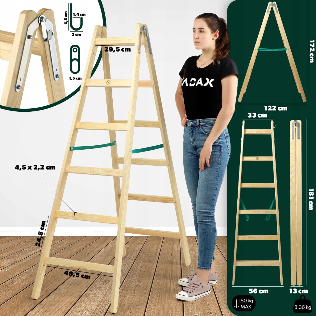 Scala domestica in legno KADAX a 6 gradini, a doppia faccia, per pittura, portata 150 kg.