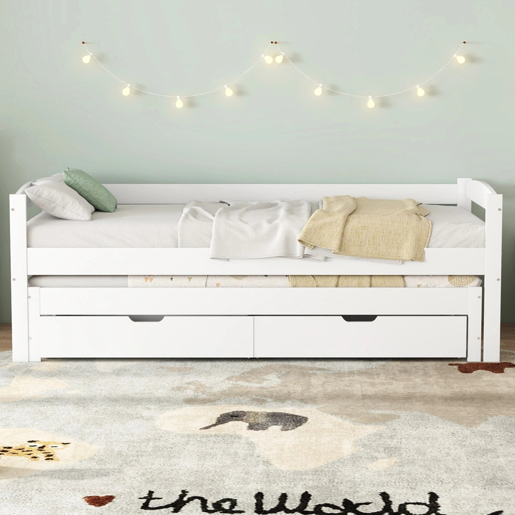 Letto Estraibile 200x90 cm e 190x90 cm; con 2 Cassetti e Sponda - in Legno - Bianco