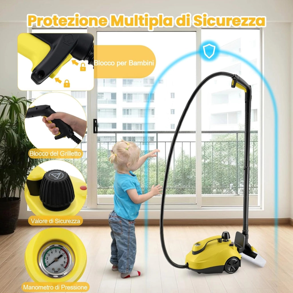 2000W Pulitore a Vapore, Vaporizzatore Portatile con Serbatoio 1,8L, er Uso Domestico con Accessori, Macchina per Pulizia su Pavimenti Finestre Tappeti (Giallo)