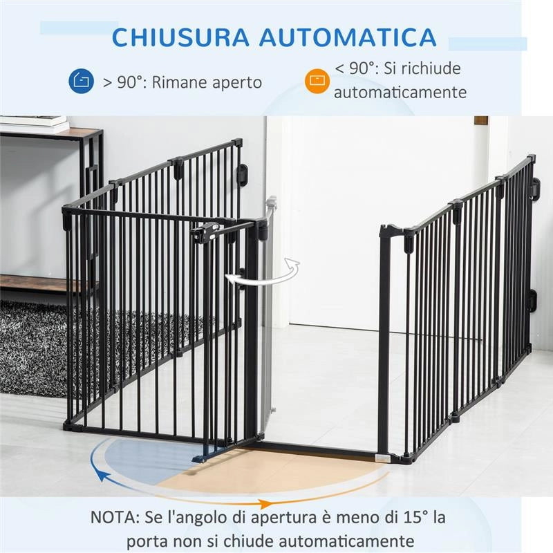 CANCELLETTO DI SICUREZZA PIEGHEVOLE 8 SEZIONI, CANCELLINO BARRIERA PER CANI IN ACCIAIO - NERO