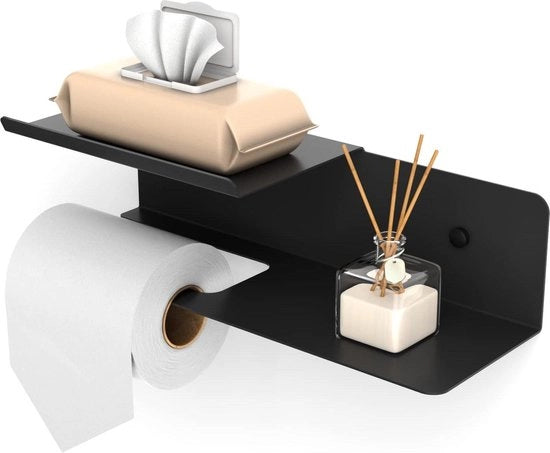 Sostegno per carta igienica con doppia piattaforma - contenitore per asciugamani umidi - installazione tramite foratura e autoadesivo - bagno e cucina - nero