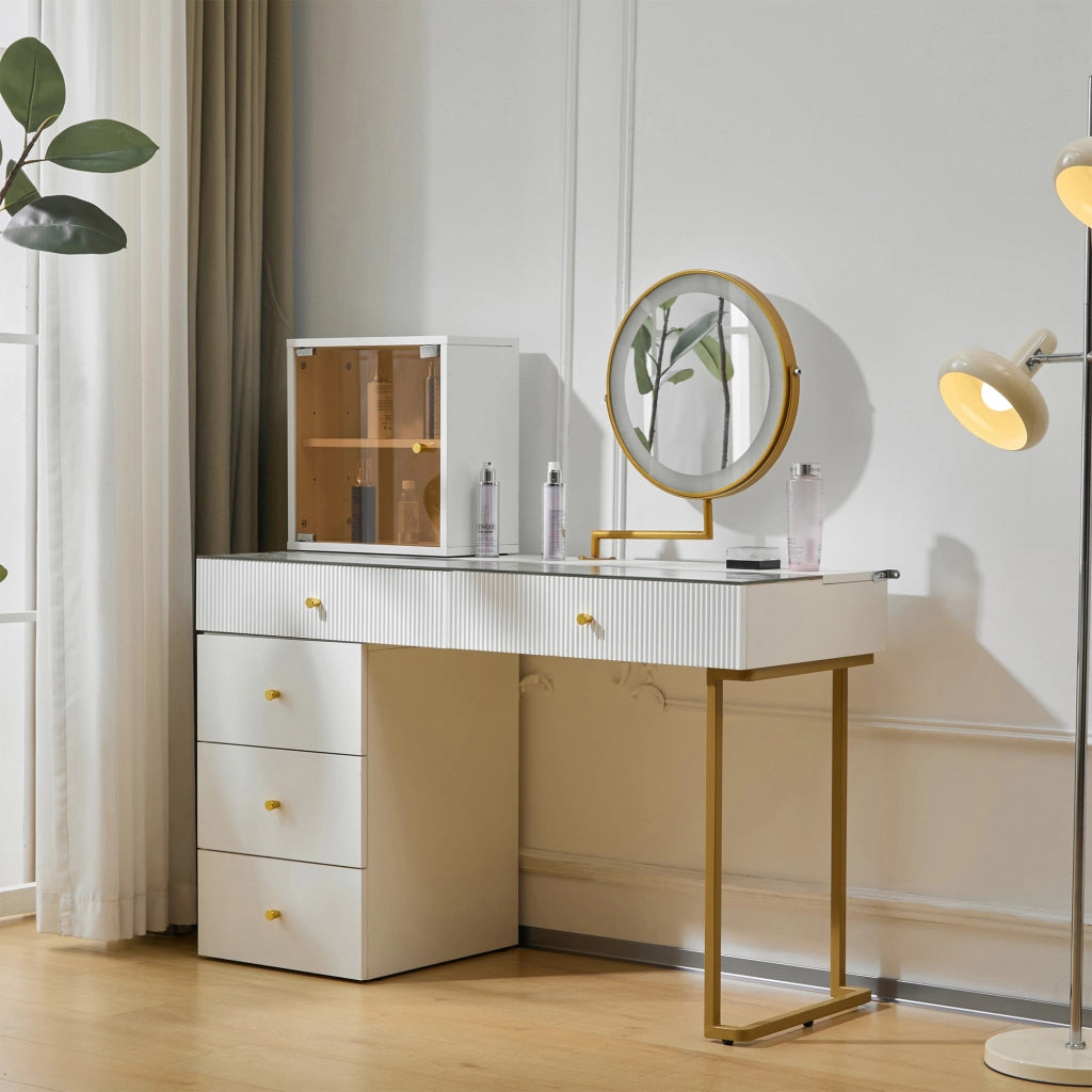 Set toeletta con specchio LED a 3 colori, piano in vetro, bianco e oro, 120 x 45 x 115 cm
