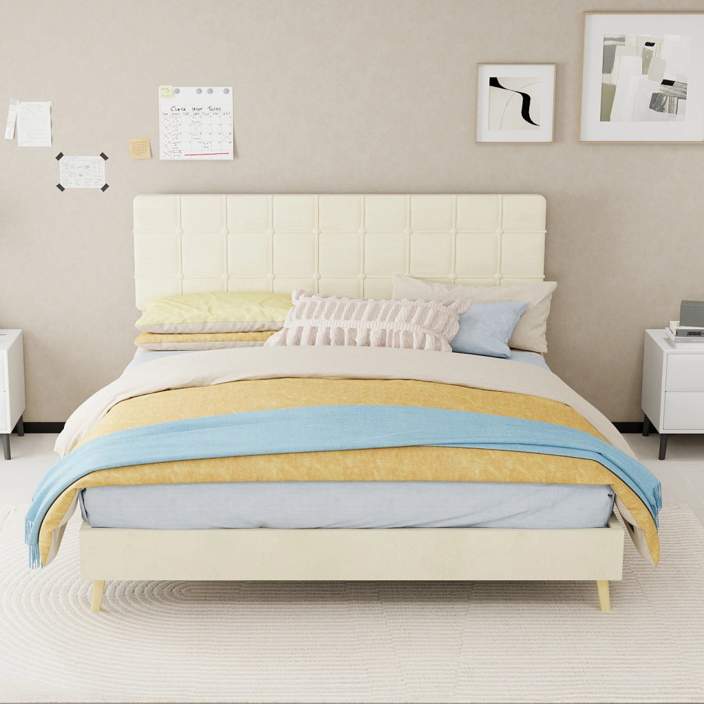 Letto matrimoniale 160x200 cm in velluto beige con testiera trapuntata