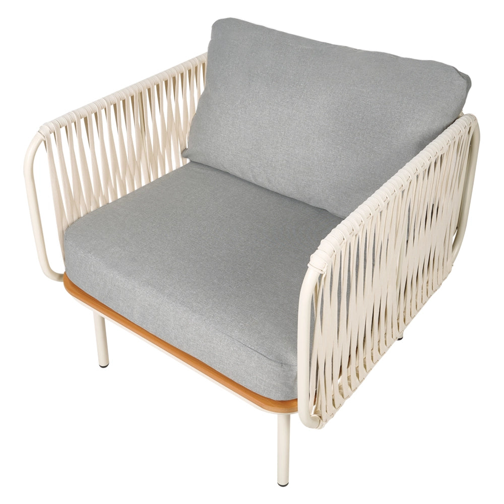 Set poltrone e tavolo con struttura in metallo e schienale in corda con cuscini grigio stile elegante