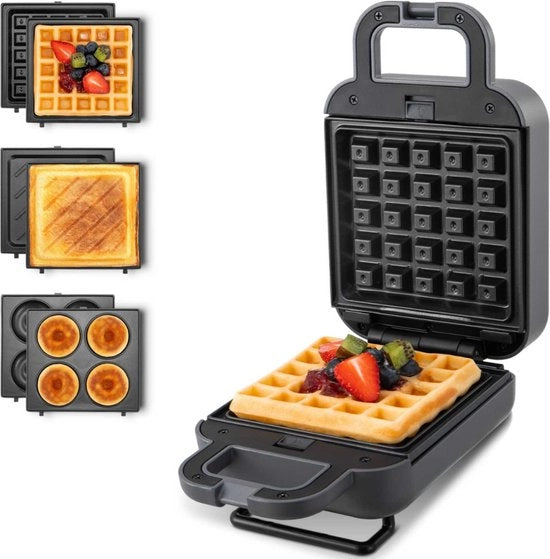 Frittelle, Sandwich e Wafel 3 in 1 - Frittellofacile, griglia a contatto, tostapane, elettrico, con superficie antiaderente - Resistentente al lavastoviglie - Spaziale, 600 W, grigio