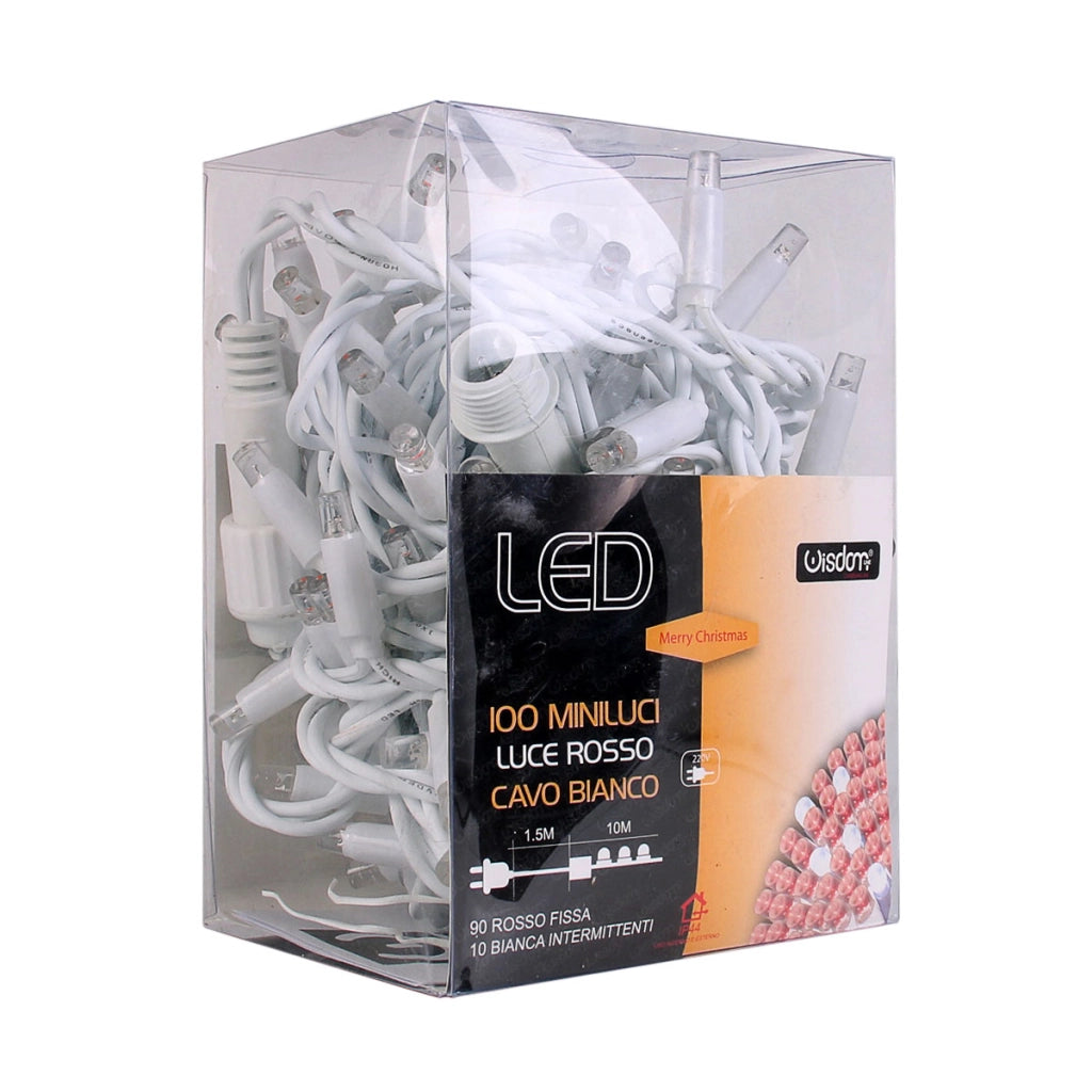 CATENA LUMINOSA CON 100 MAXI LED REFLEX 8MM CAVO BIANCO DA 10 METRI LUCE ROSSA E BIANCA - PERFETTA PER ESTERNI PROLUNGABILE FINO A 20 PEZZI
