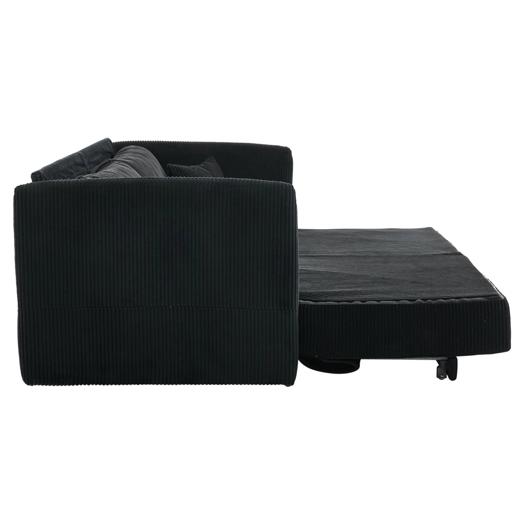 Divano letto con cuscini in schiuma memory e struttura in metallo, in velluto a coste nero 182 × 88 × 84 cm