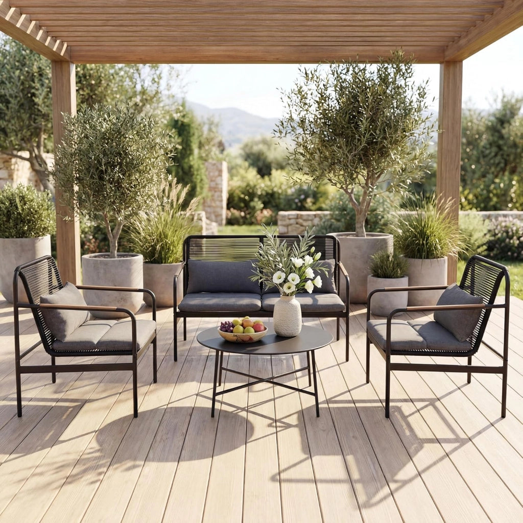 Set Salotto da Giardino 4 Pezzi in Rattan PE, Tavolo da Giardino con 2 Poltrone e Divano a 2 Posti, Set Mobili da Esterno con Struttura in Metallo e Cuscini Imbottiti, per Balcone e Patio