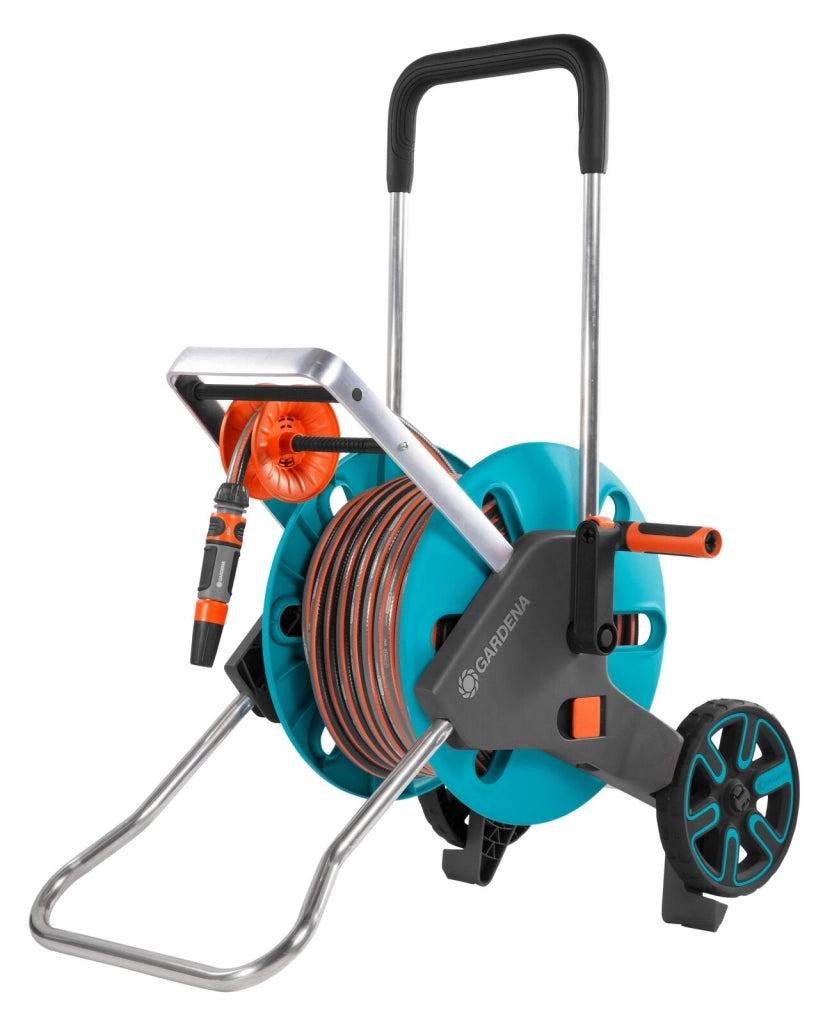 Gardena 18517-20 CleverRoll M Easy Carrello avvolgitubo manuale con tubo 20 m 13 mm (1-2 pollice) e accessori inclusi colore Nero Blu Acciaio inox