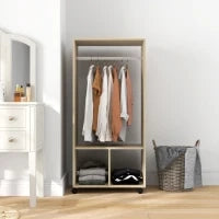 Armadio Appendiabiti con 2 Scaffali, Asta Appendiabiti, 4 Ruote Girevoli, 60L x 40P x 128H cm, Legno Naturale