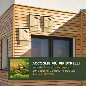 Set di 3 Casette per Pipistrelli 25x6x37,5 cm in Legno di Abete per Esterni in Legno di Abete