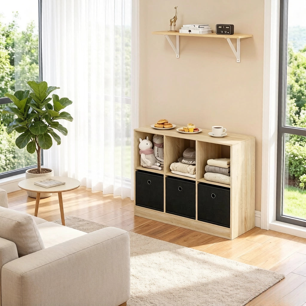 Libreria a cubi con 3 cassetti in tessuto, per soggiorno e ufficio, nero e rovere chiaro, 30 × 80 × 61 cm