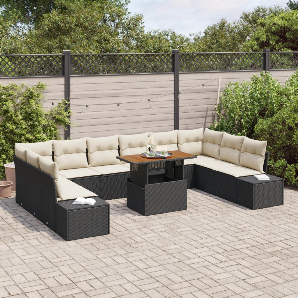 Set Divano da Giardino da 11 Pezzi con Cuscini Nero in Rattan Polimerico