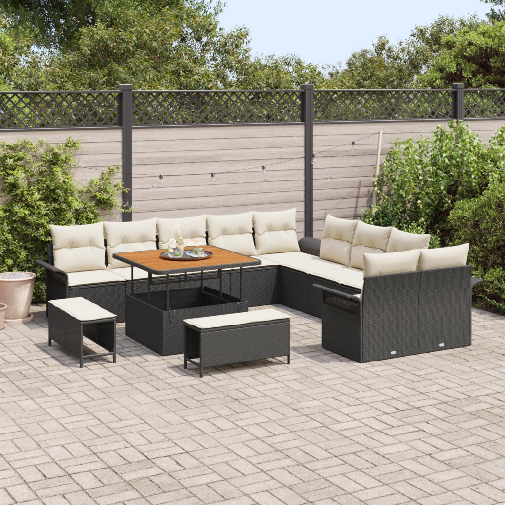 Set Divano da Giardino  con Cuscini Neri in Polyrattan Acacia