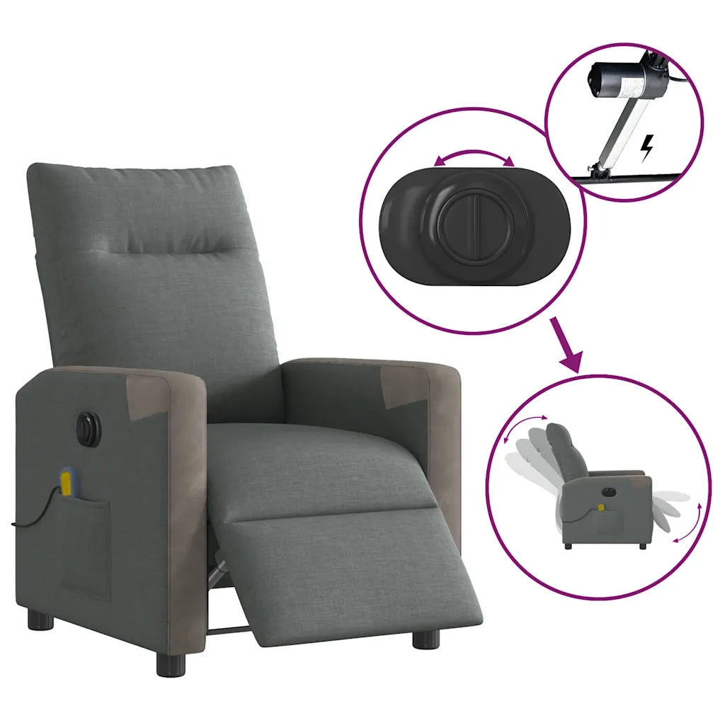 Divano Sedia-Poltrona Reclinabile Massaggio Elettrica Grigio Scuro Tessuto 459816