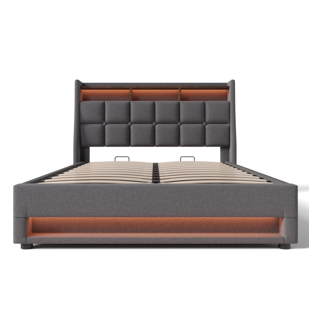 Letto contenitore 140x200 cm con LED e USB in lino grigio