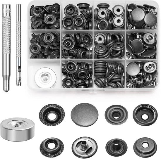 Set di Dadi di Allacciatura senza Saldatura - 15mm Acciaio Inossidabile - Con 3 Strumenti di Regolazione - Pressa per Dadi per Abbigliamento Giacche Fai da Te Artigianato