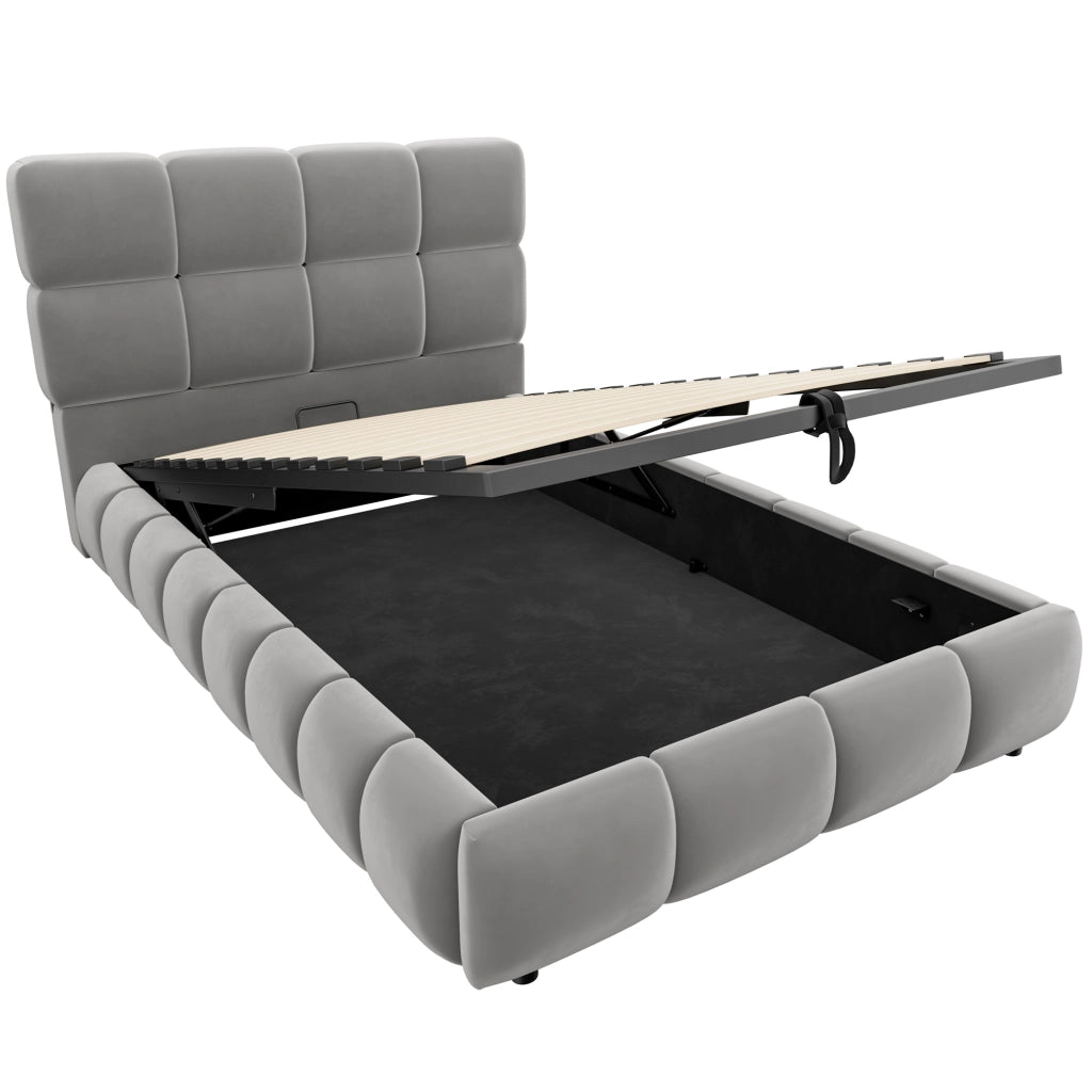 Letto imbottito singolo 90×200 cm con contenitore; LED e testiera; senza materasso; velluto; grigio