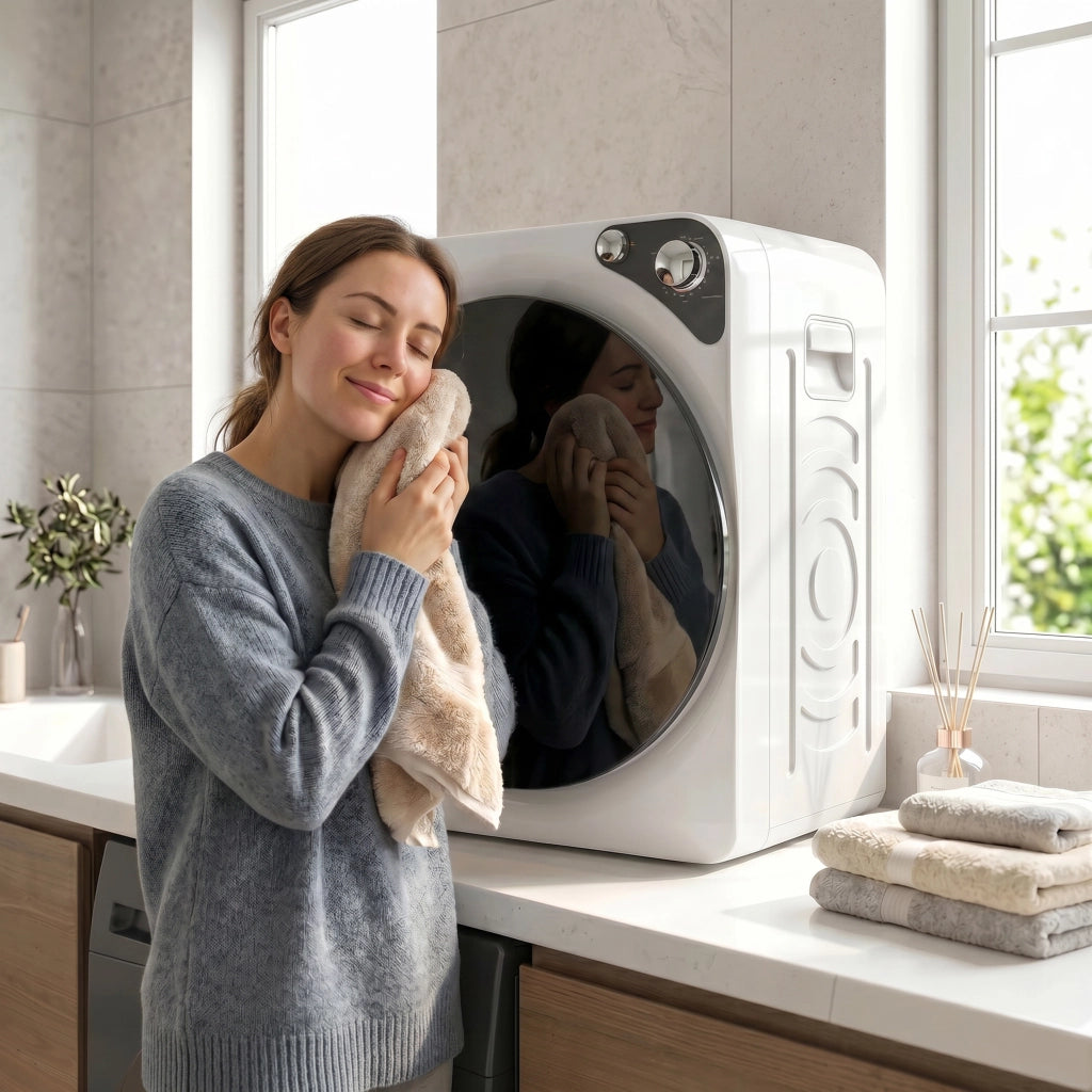 Asciugatrice Portatile 49x43x61 cm Potenza 1000W con 5 Programmi e Timer in PCM e Acciaio Inox Bianco