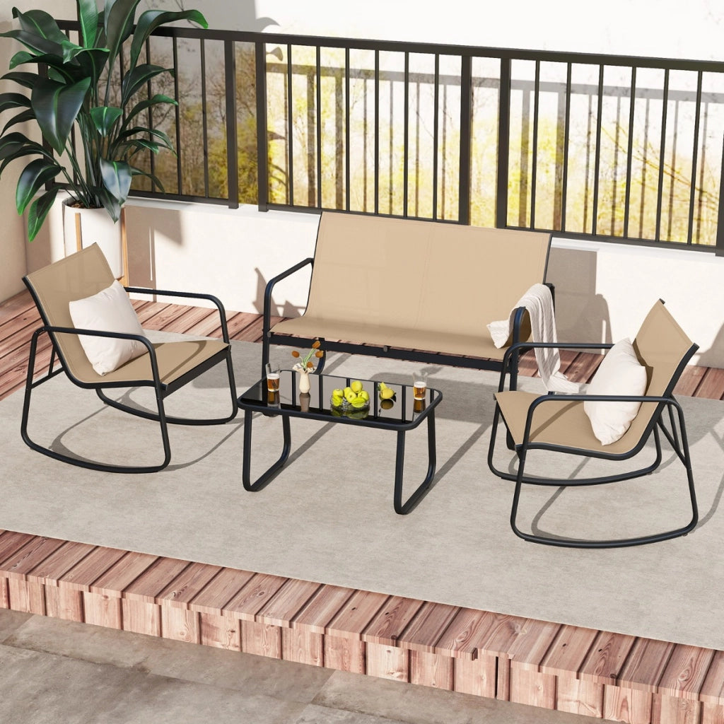 Set di mobili da giardino 4 pezzi di sedute per 4 persone, Mobili per terrazza con dolce movimento oscillante Marrone-Set mobili da esterno