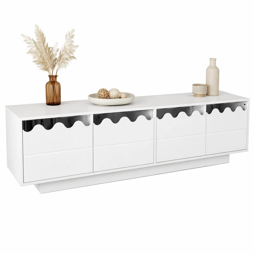 Mobile TV moderno bianco con 4 ante e design a onde, 170x40x45 cm