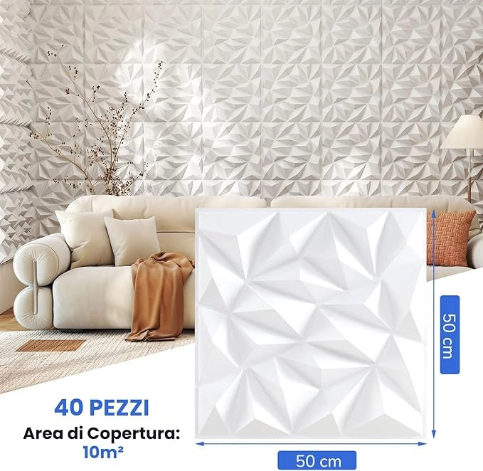 40 Pezzi 3D Pannelli Murali 50 x 50 cm, Pannello da Parete 3D Diamante, Decorazione Interna da Parete in PVC, 10 m², per Soggiorno Camera da Letto (10㎡,Bianco)