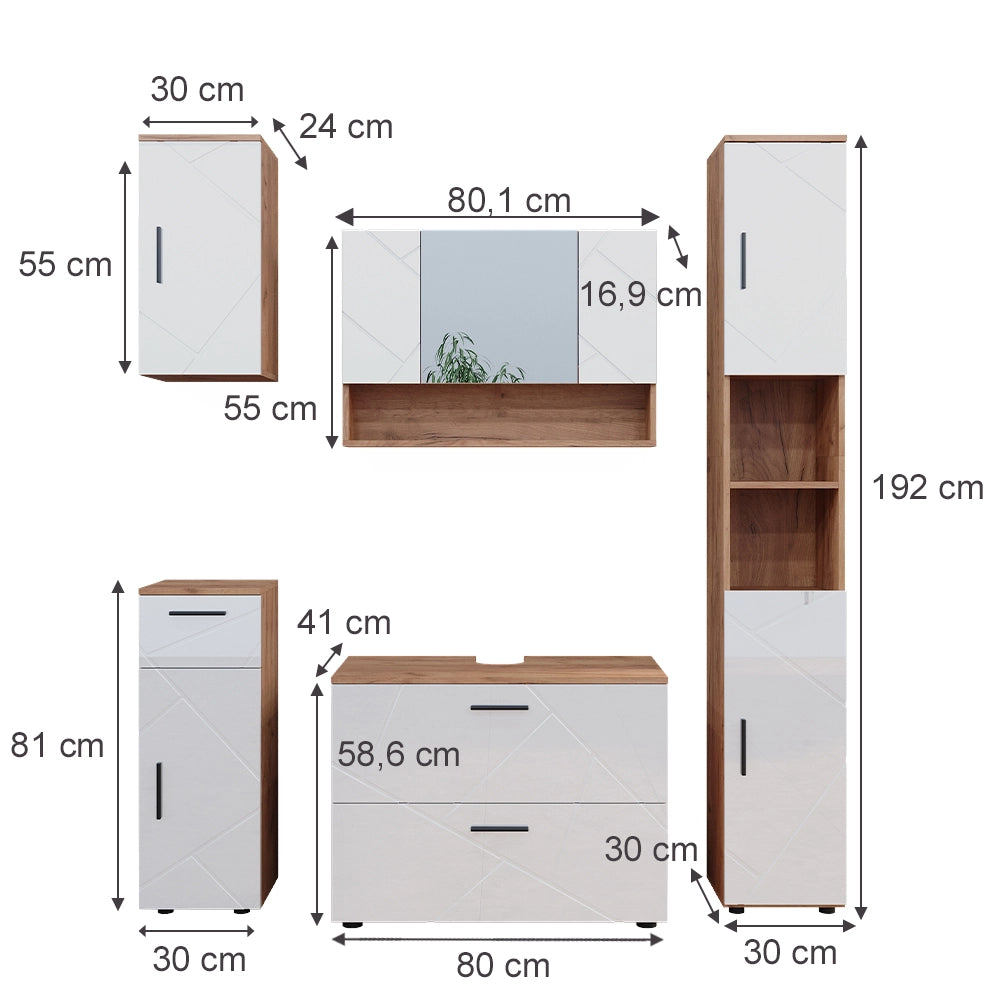 Vicco Set di mobili da bagno Bianco lucido/oro power oak 5 parti