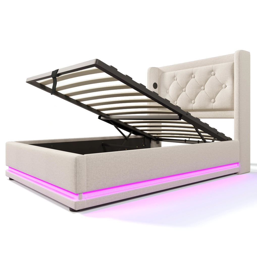 Letto singolo imbottito 90x200 cm in cotone beige con contenitore; USB Type-C e LED