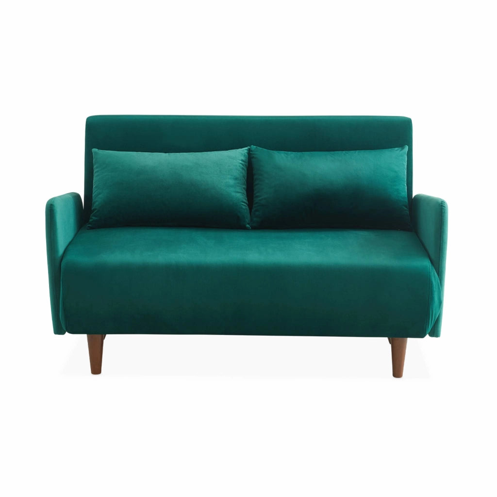 Divano letto in velluto con gambe in legno, 2 posti, verde
