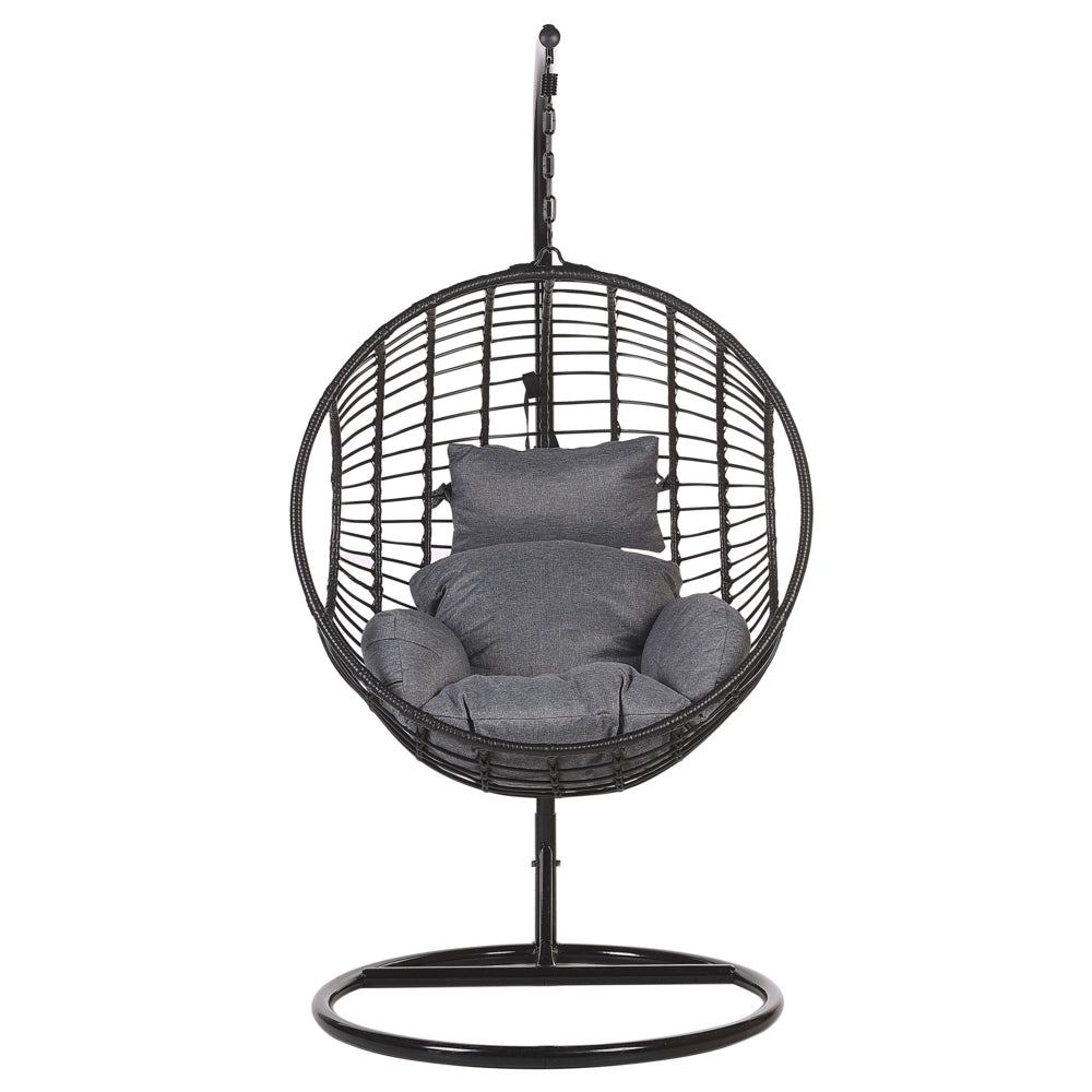 Sedia sospesa poltrona pensile Cestino di vimini rotondo in rattan Nero con cuscini Struttura in metallo Boho