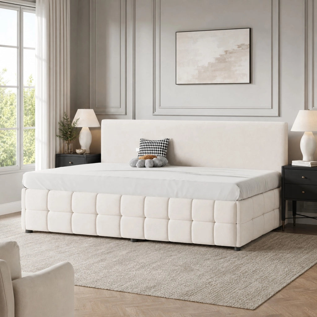 Letto imbottito 90x200 cm con contenitore idraulico beige