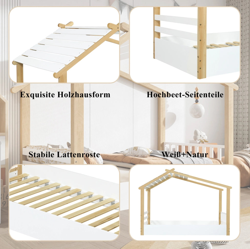 Letto singolo per bambini a casetta 90x200 cm bianco naturale