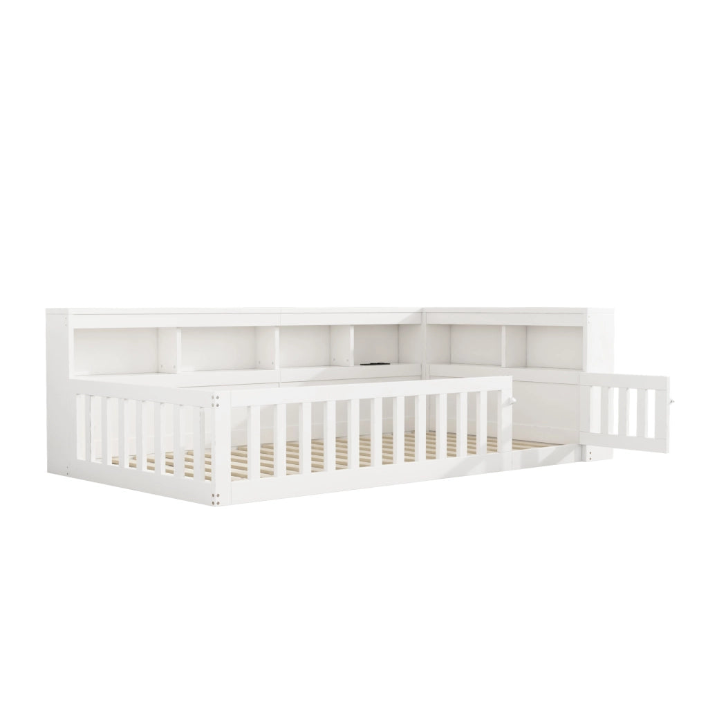 Letto 222.2x113.3x70 cm con prese USB e vano portaoggetti in truciolato e MDF bianco