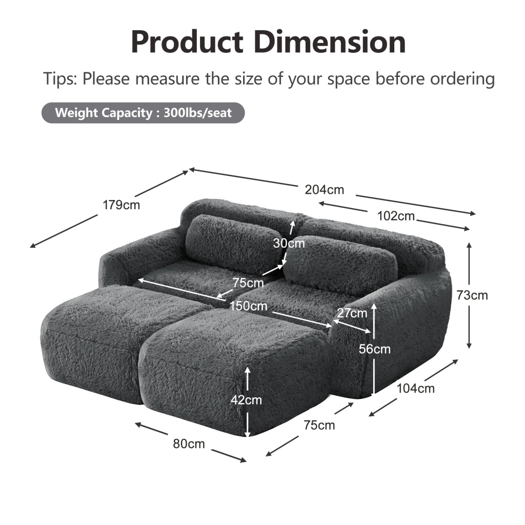 Divano Modulare 2 Posti con 2 Pouf; Senza Montaggio; Seduta Ampia e Base Antiscivolo; in Peluche; Grigio
