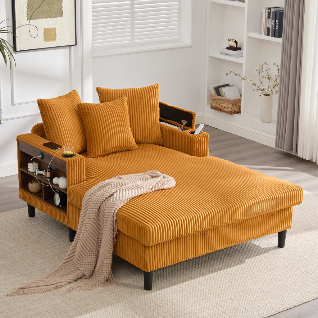 Méridienne con portabicchieri, luci LED, vano portaoggetti e porta USB in velluto a coste giallo senape 129 × 170 × 70 cm