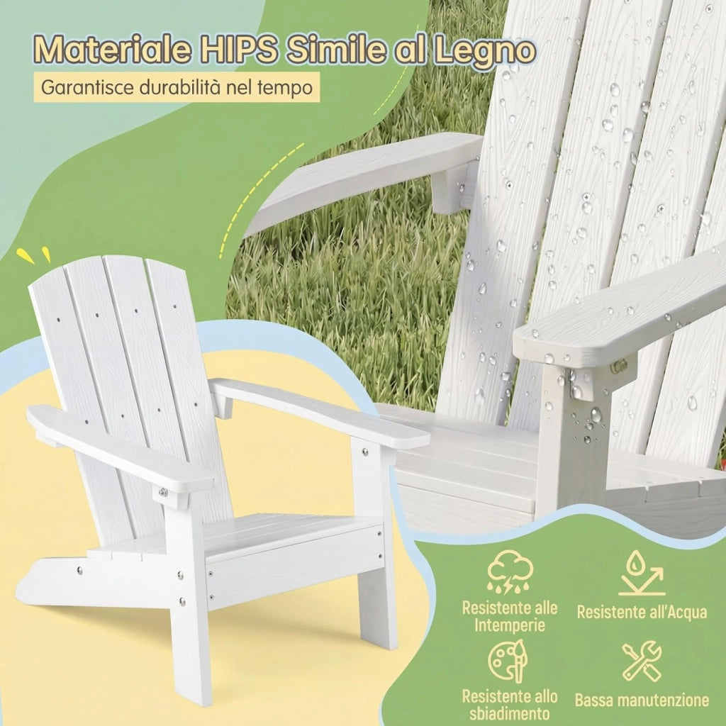 Sedia Adirondack per Bambini, Poltrona da Giardino in Plastica Resistente alle Intemperie con Schienale a Doghe Inclinato, Sedia Adirondack per Patio e Balcone, Portata 75 kg (Bianco)