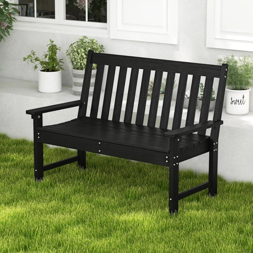 Panchina per 2 persone da esterno con schienale e braccioli, Panchina da giardino in HDPE resistente Nero