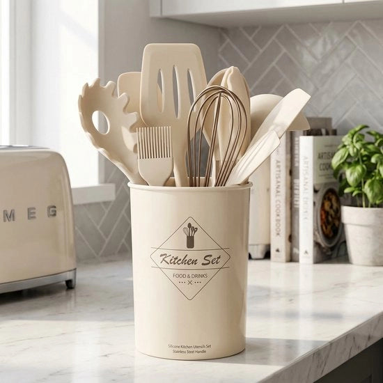Set di utensili in silicone da cucina beige, 12 pezzi, 32,5 cm, resistente al surriscaldamento, antiscivolo.