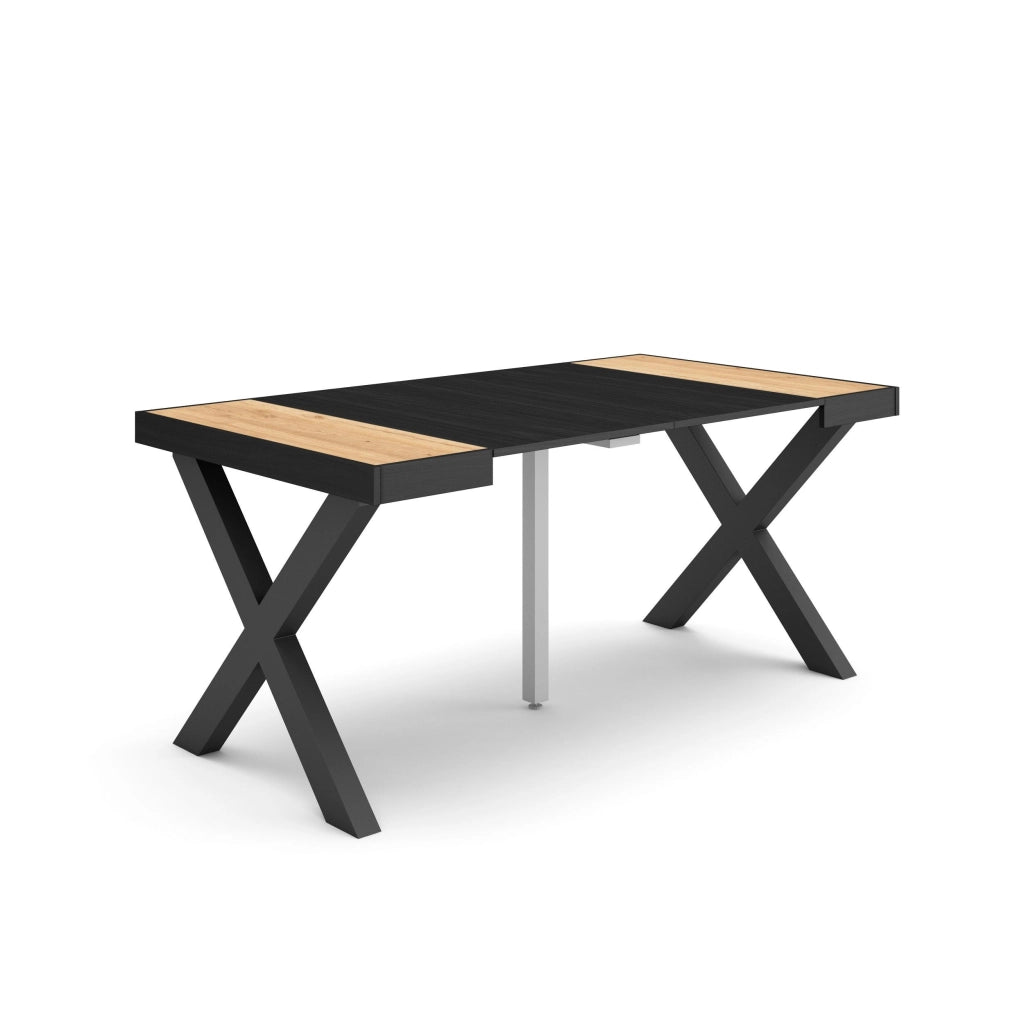 Consolle allungabile, 58 fino 160x90x73cm, Per 8 persone, Gambe in legno, colore Rovere e nero RF2754