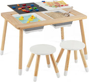 Set Tavolo con 2 Sedie per Bambini 3+ Anni, Tavolo e Sedie con Piano Doppio Lato Rimuovibile e 2 Contenitori, Gambe Robuste in Legno, Tavolo Attività per Gioco e Disegno (con Sedie Rotonde)
