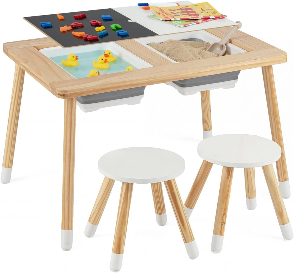 Set Tavolo con 2 Sedie per Bambini 3+ Anni, Tavolo e Sedie con Piano Doppio Lato Rimuovibile e 2 Contenitori, Gambe Robuste in Legno, Tavolo Attività per Gioco e Disegno (con Sedie Rotonde)