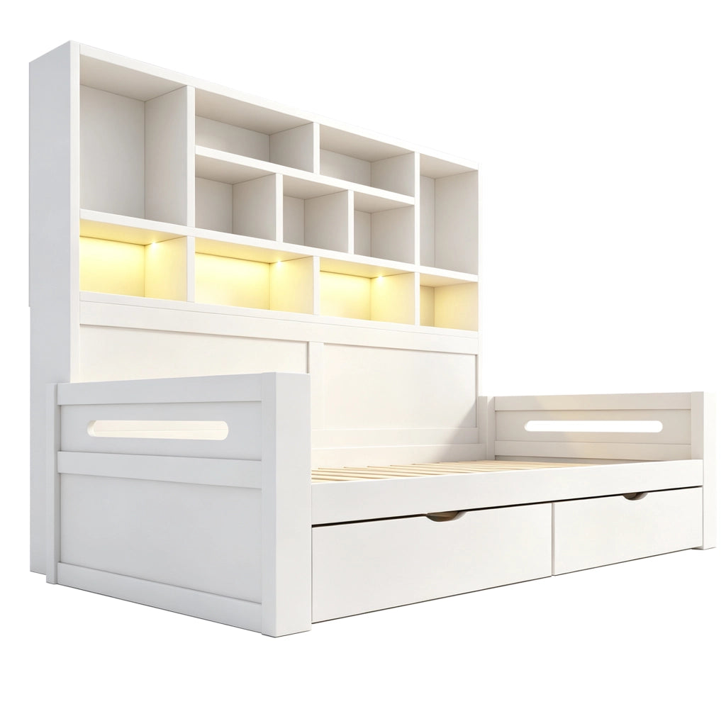 Letto singolo 90x200 cm in MDF bianco con contenitore; LED e prese elettriche