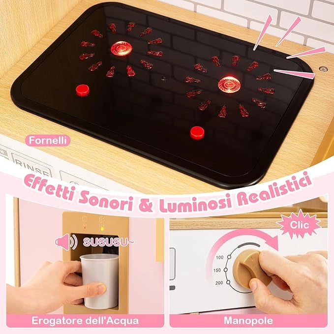Cucina Giocattolo per Bambini, Cucina Legno per Bambini con Luci, Suoni, Frigorifero, Distributore d'Acqua, Lavatrice, Accessori Ricchi e Ante in Rattan, per 3 Anni+ (Rosa)