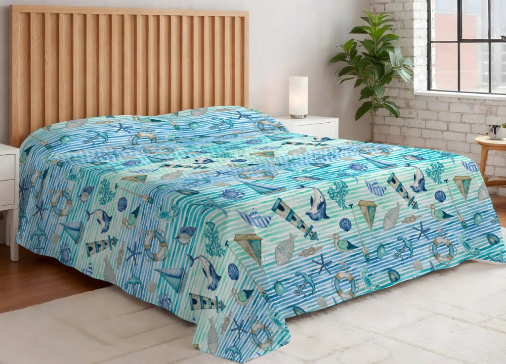 Copriletto Piquet Primavera Estate 100% Cotone Disegno Mare Azzurro - Matrimoniale - Mare 25GI