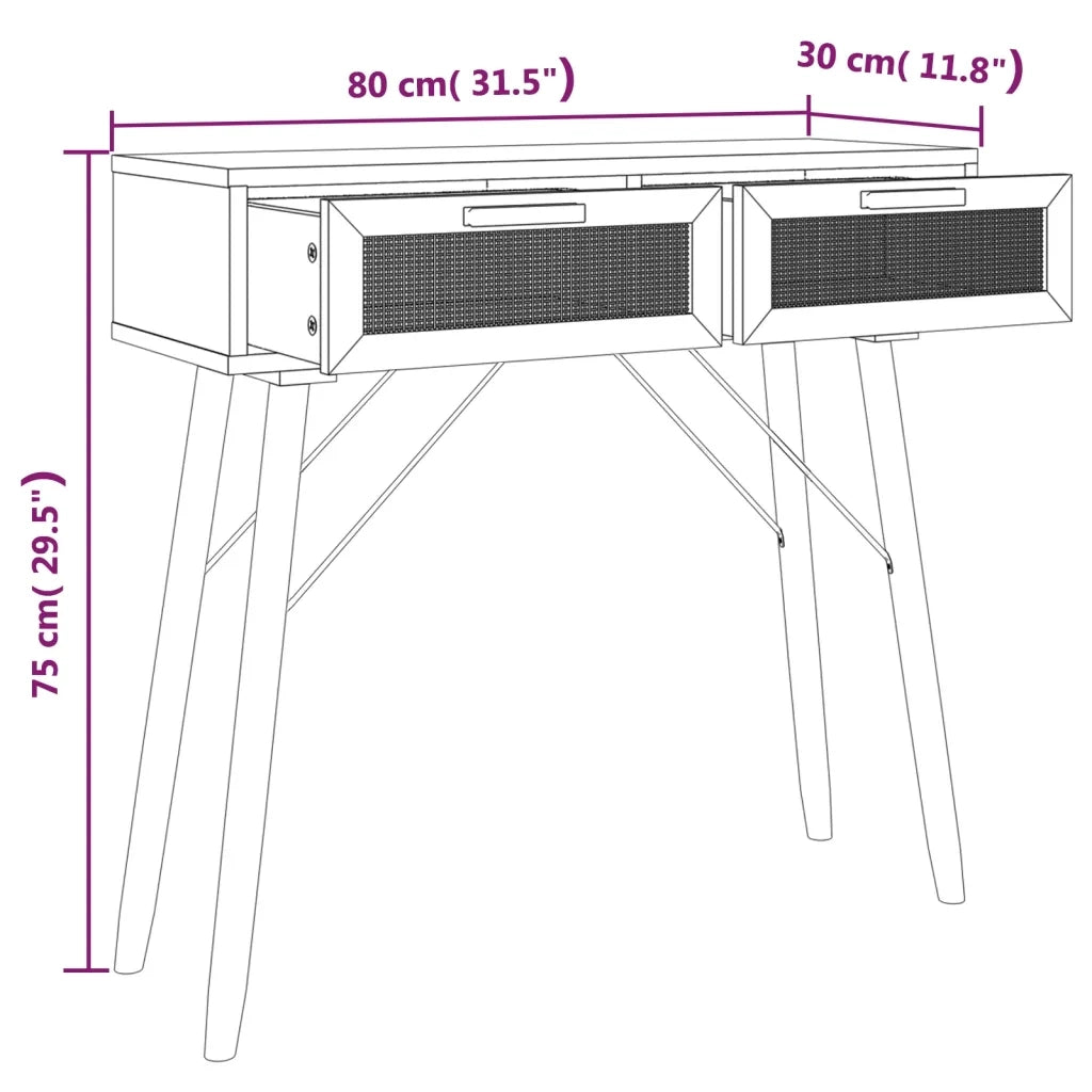 Tavolo Consolle | Tavolo d'Ingresso Nero 80x30x75cm Massello Pino e Rattan Naturale