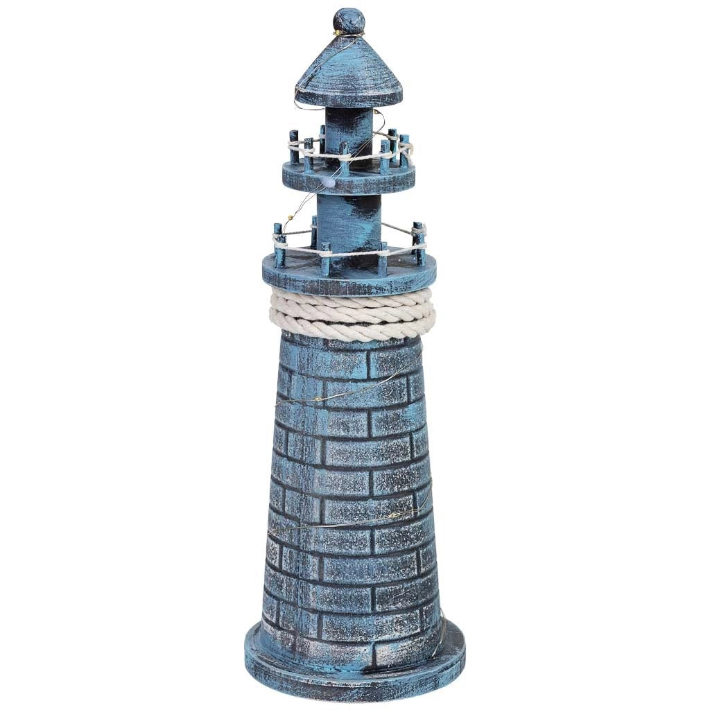 Figura decorativa a forma di faro in legno con LED blu 10,5x10,5x32h cm