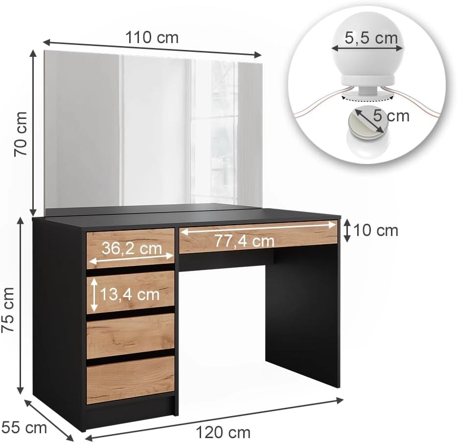 Tavolo da toilette Sherry, Antracite/quercia dorata, 120 x 75 cm con specchio e illuminazione a LED, con illuminazione LED e grande specchio rettangolare
