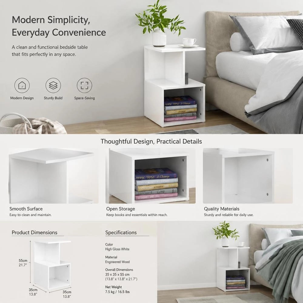 High-gloss White Bedside Table, 35x35x55 Cm, Made Of Engineered Wood