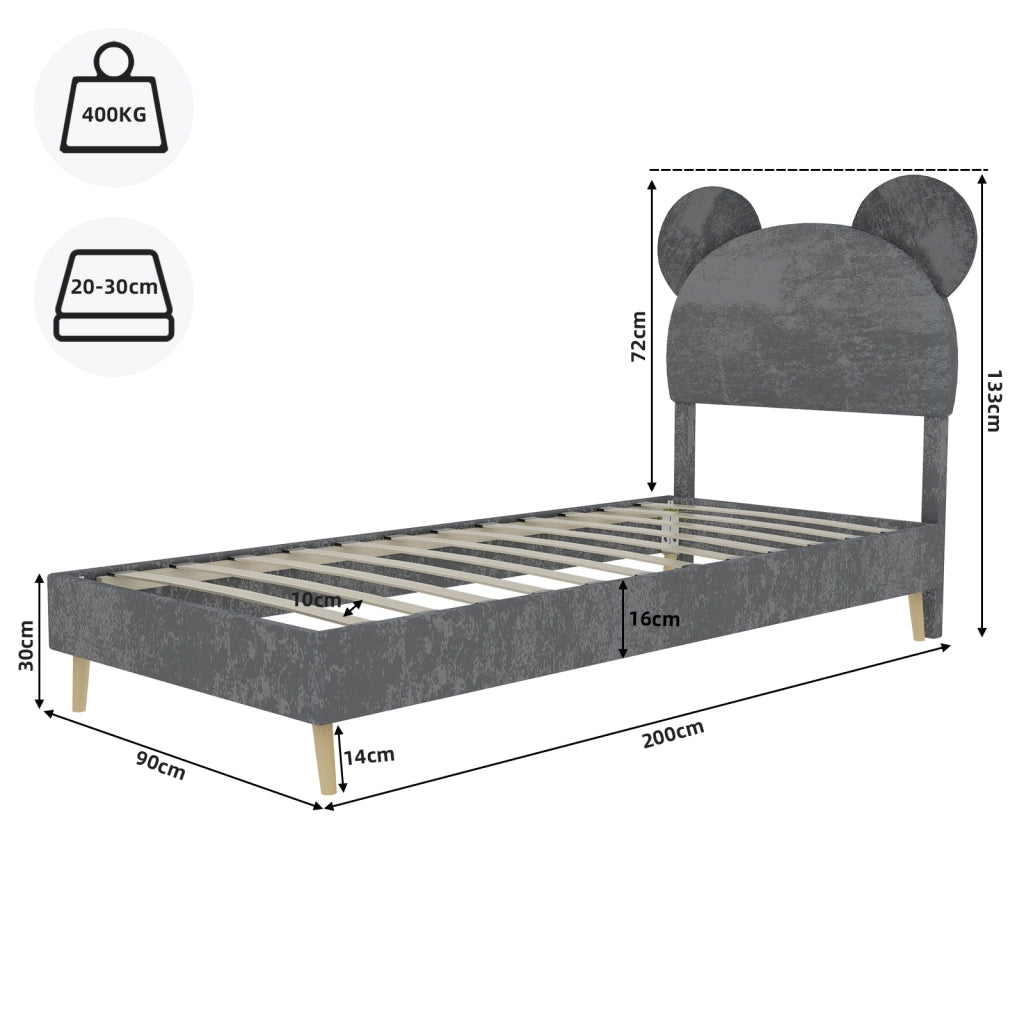 Letto Singolo 90x200 cm; Contenitore con Testiera Sagomata; in Tessuto e Metallo; Grigio